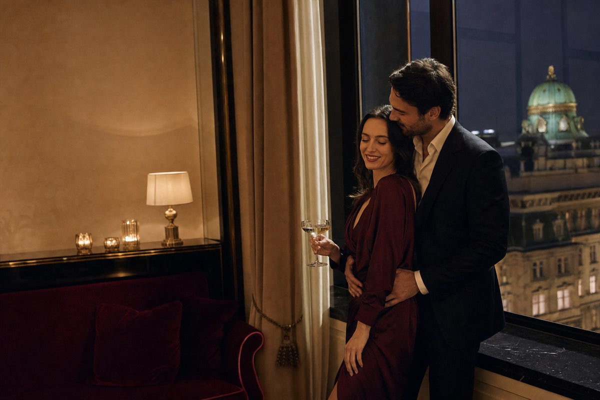 Paar am Fenster einer Wiener Hotelsuite bei Nacht, sie lehnt sich an ihn