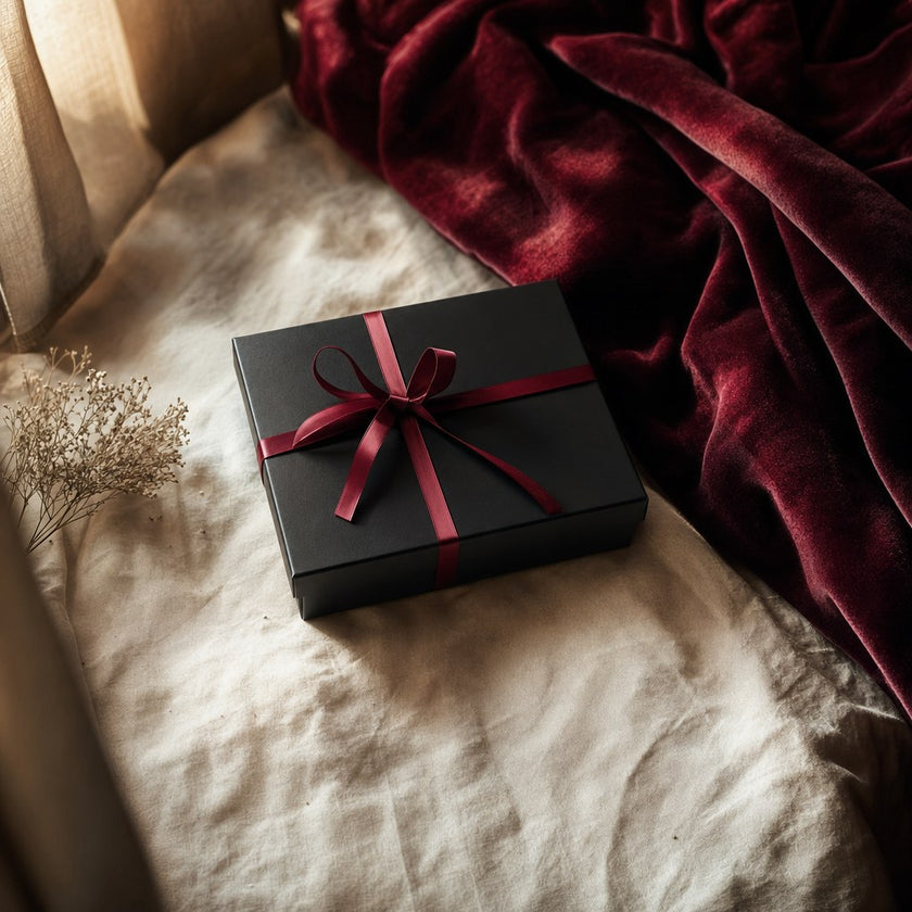 Schlichte schwarze Geschenkbox mit weinrotem Band auf Leinen
