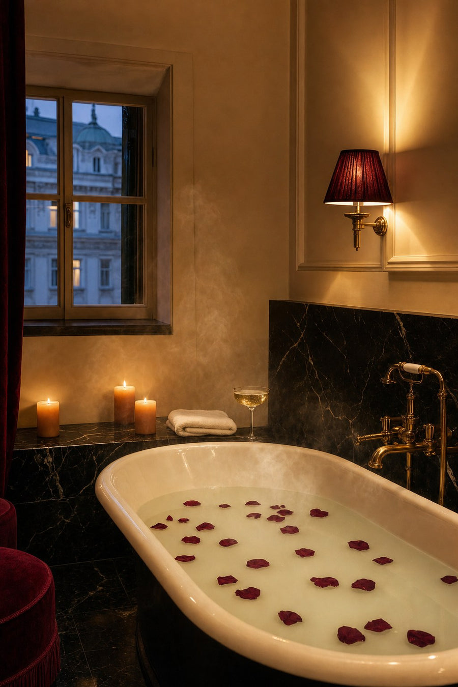 Freistehende Badewanne in schwarzem Marmor mit Kerzen und Rosenblättern