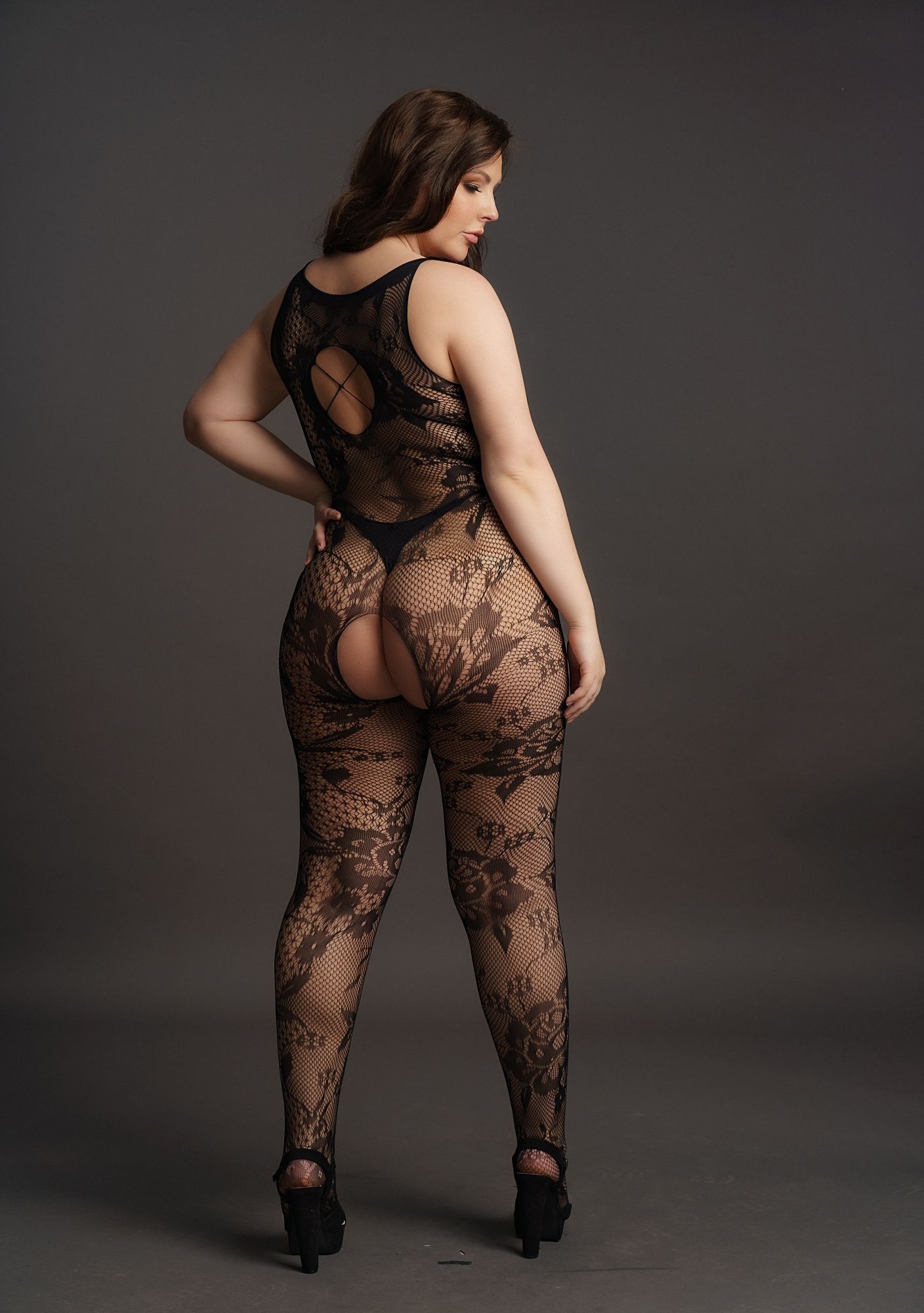 Catsuit für Kurven in Spitzenoptik schwarz