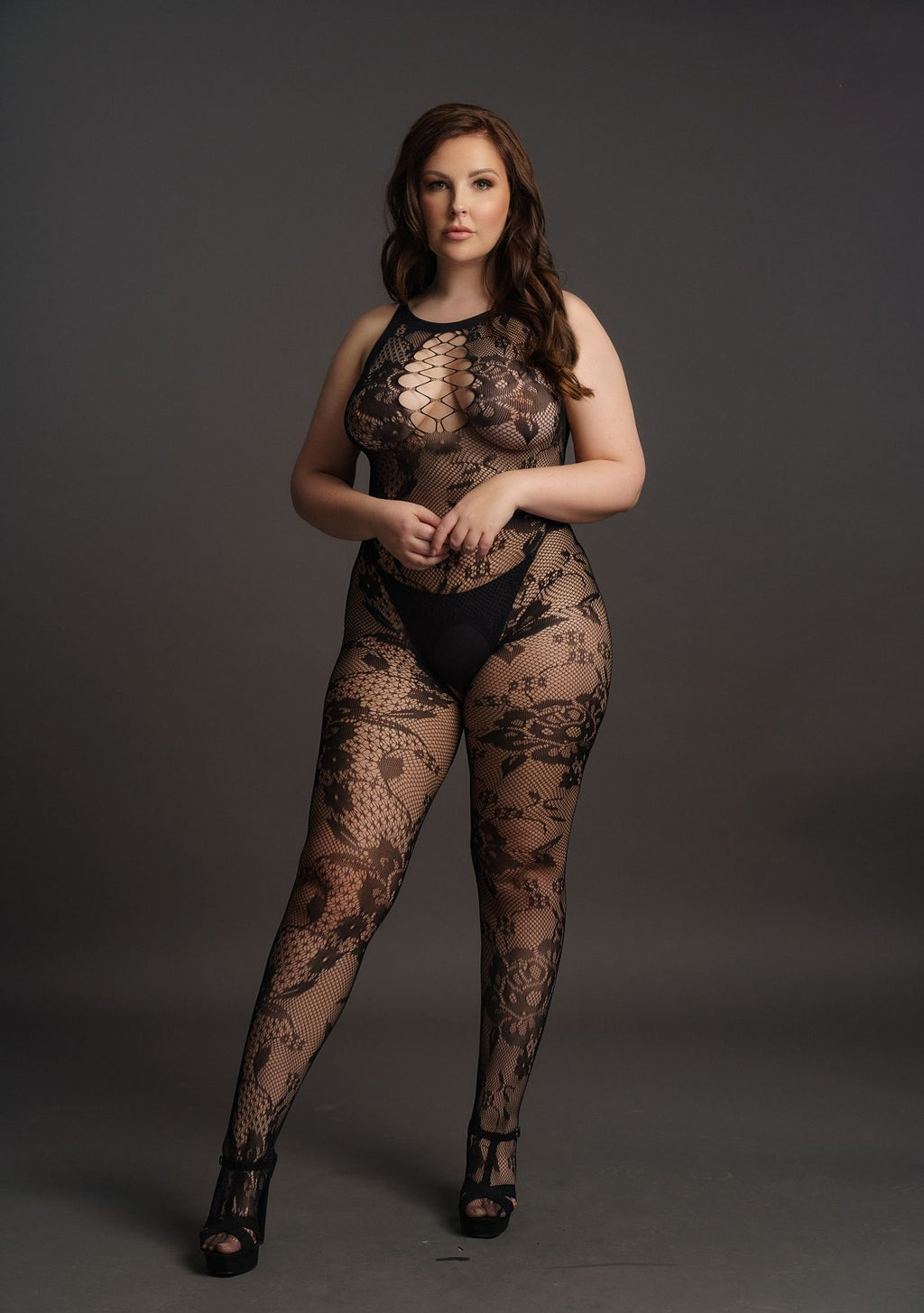 Catsuit für Kurven in Spitzenoptik schwarz