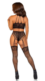 Leg Avenue - Neckholder-Spitzenbody mit Angenähten Strapsen - Schwarz