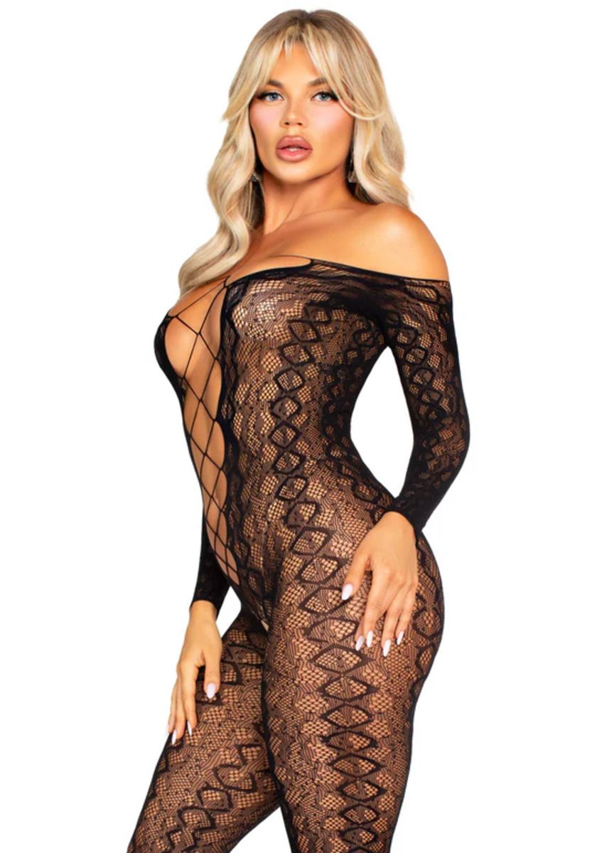 Leg Avenue – Schrittlose Bodystocking mit Schlangenmuster – Schwarz