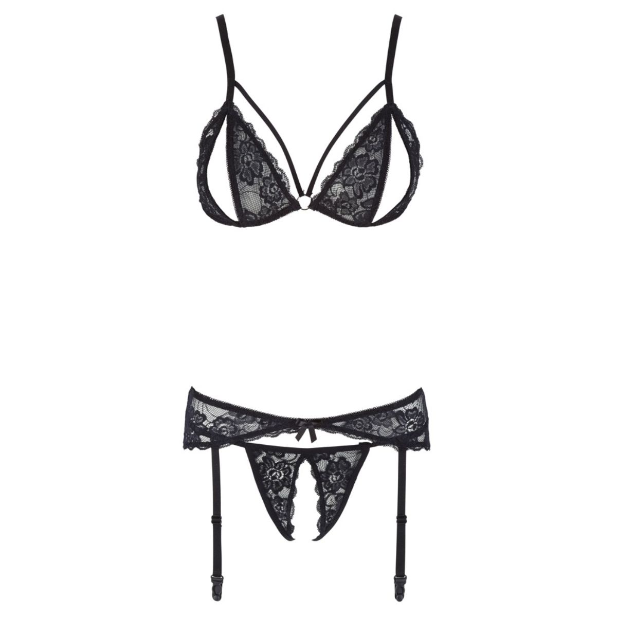 Cottelli Collection - 3-Delige Jarretelset Met Open Cup & Open Kruis