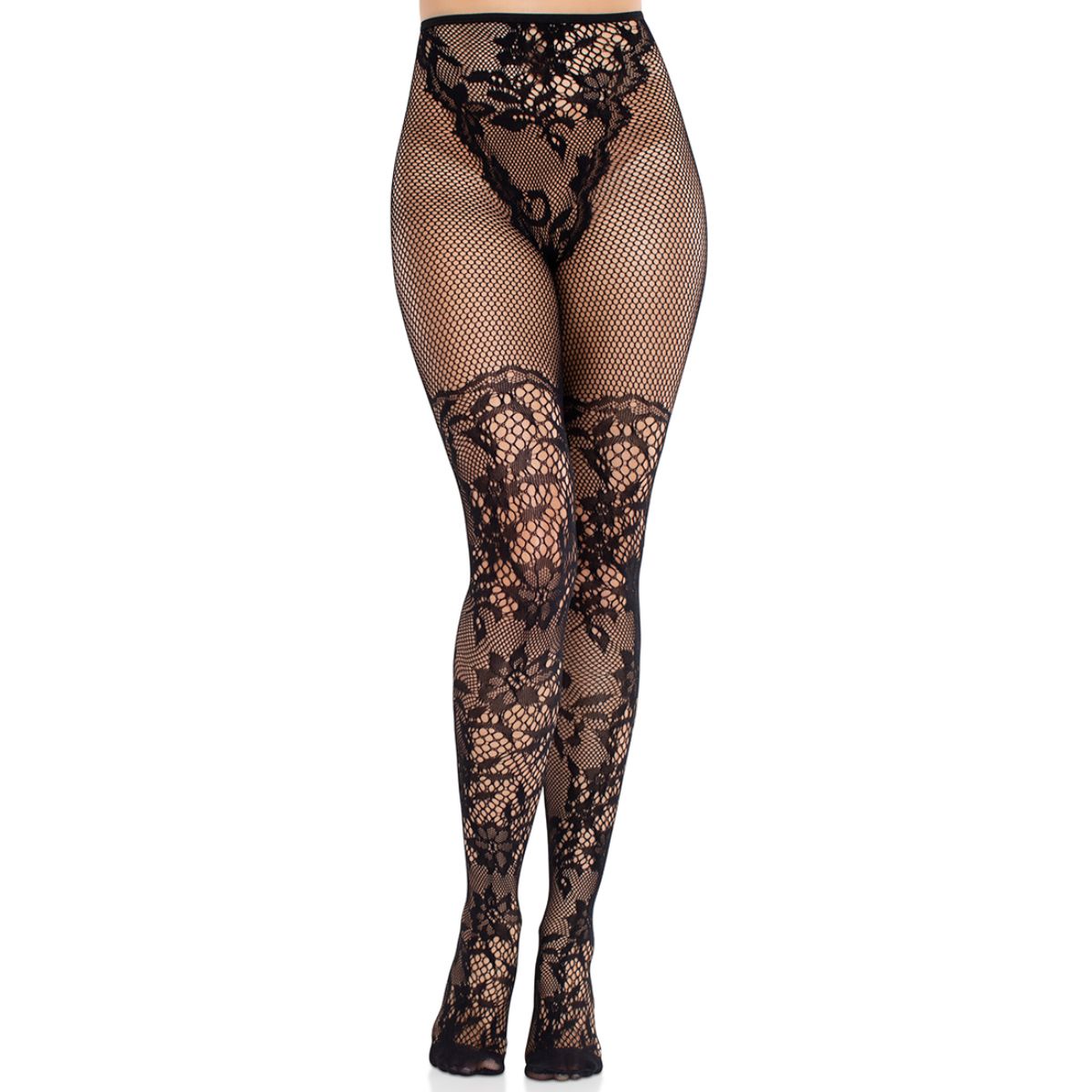 Leg Avenue - Dahlia Spitzenstrumpfhose Netzdetail - Schwarz