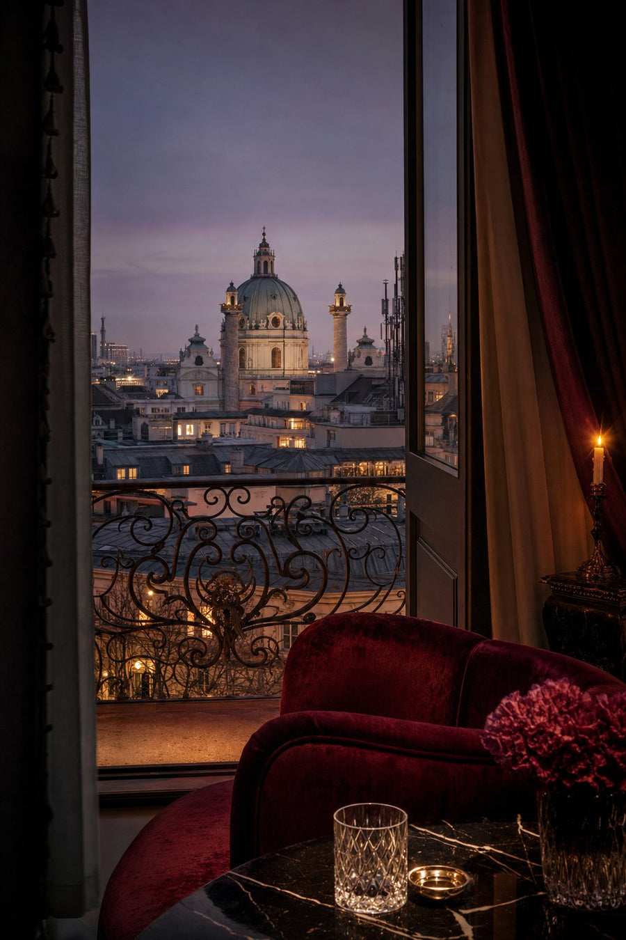 Wien zur blauen Stunde: schmiedeeisernes Balkongitter und die Kuppel der Karlskirche